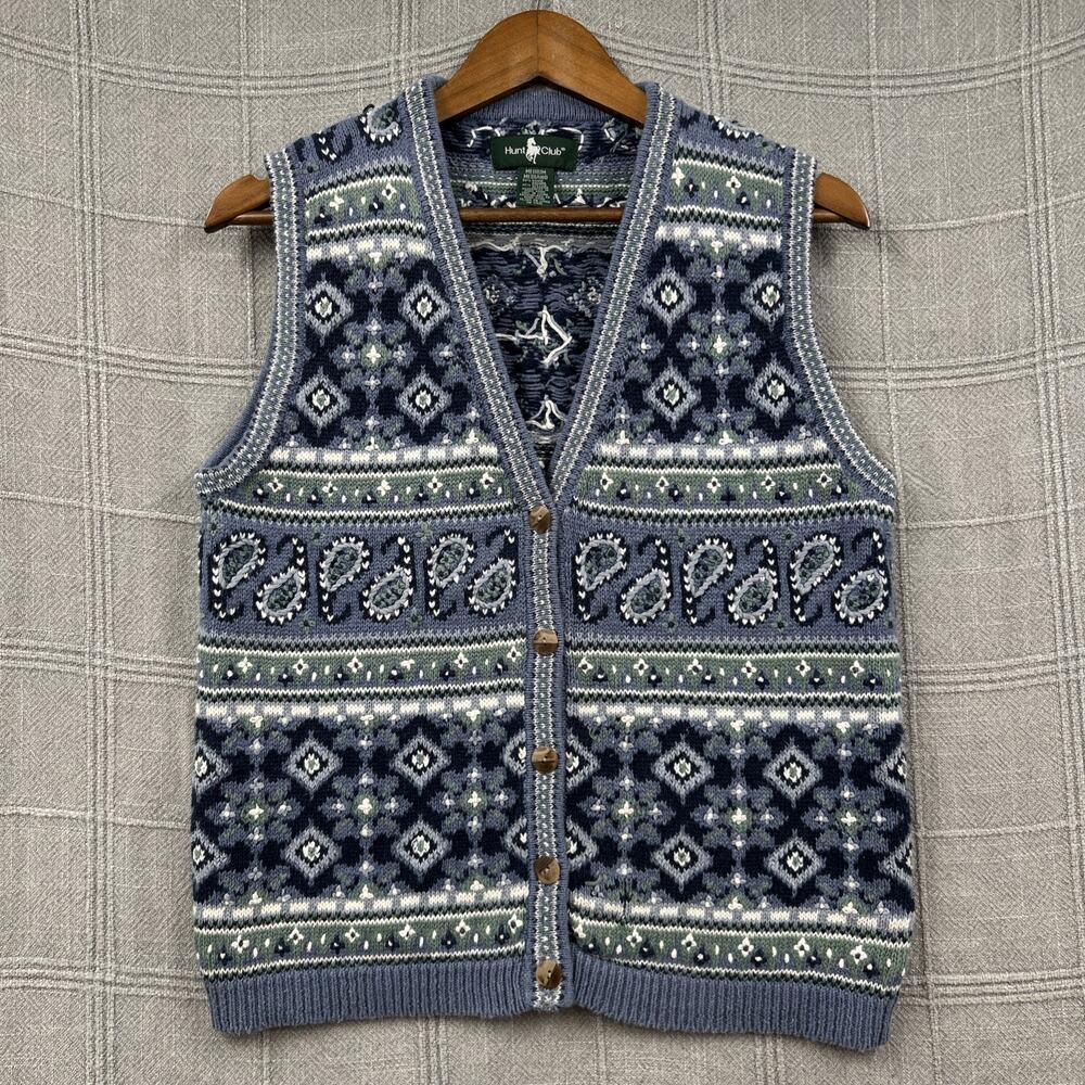 Vintage Hunt Club Sweater Vest Medium Blue Fair Isle Button Front Cardigan Knit